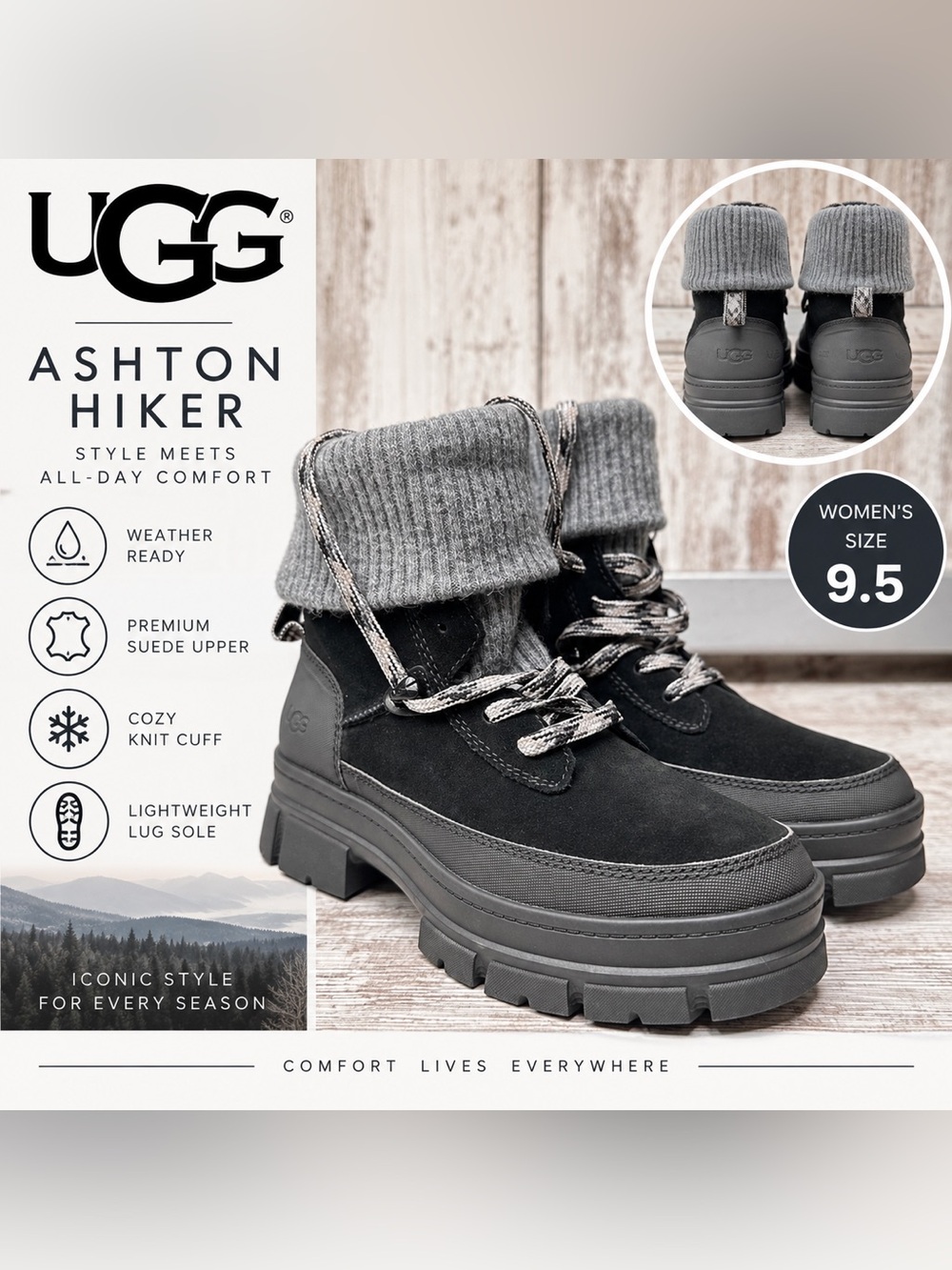 UGG Ashton Hiker Waterproof Boots Women’s 9.5 Black Suede Knit Cuff Lug Sole